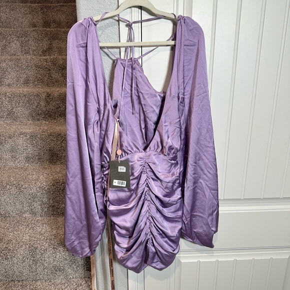 HOUSE OF CB 'Kate' Orchid Satin Front Wrap Mini Dress - Picture 4 of 13